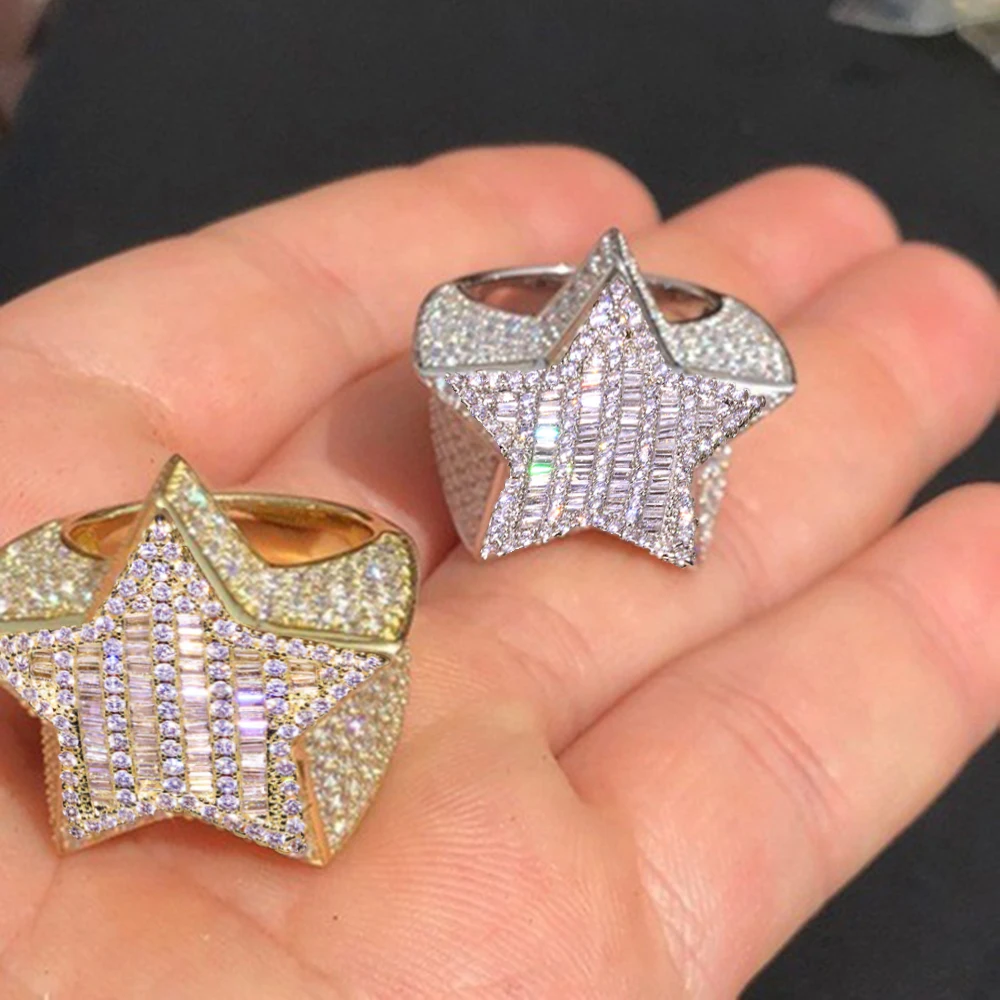 AZ Five-Star Iced Out Rings Men\'s Gold Silver Color Bling Cubic Zirconia Jewelry Ring Gifts Couple Wedding Rings Women Jewelry