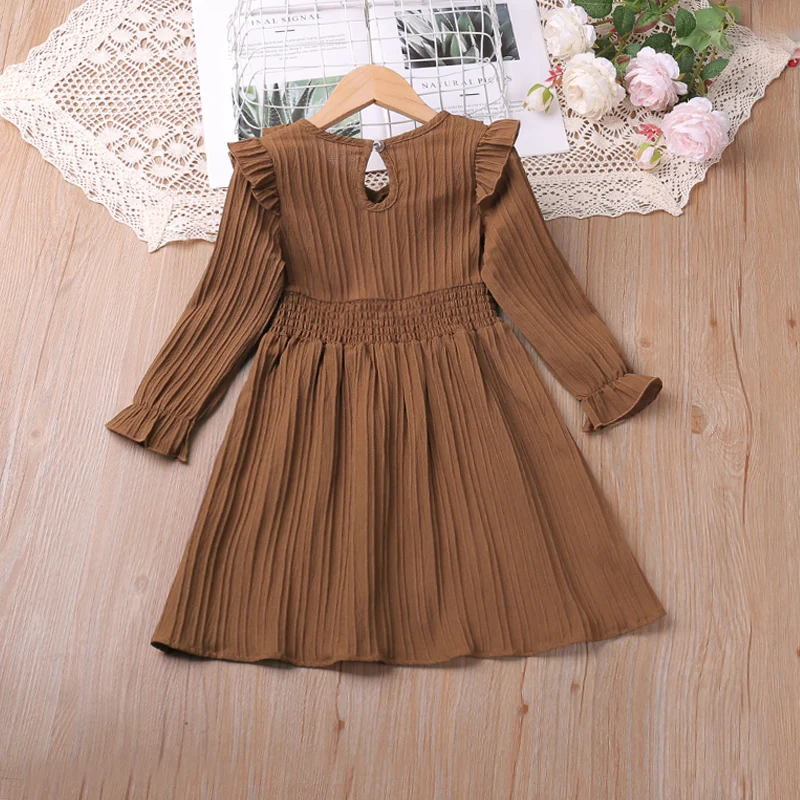 Humor Bear New Girls\' Long Sleeve Dress Vintage Style Solid Color Flare Sleeve Waist View Vestidos Casual Outfit 2-6Y