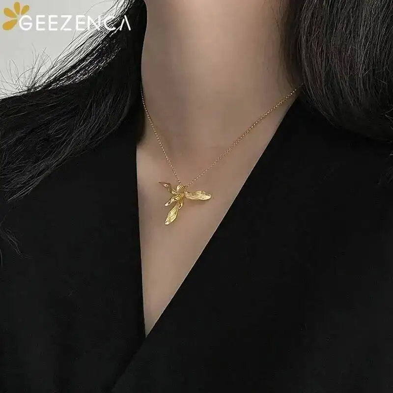 GEEZENCA 925 Sterling Silver Brushed 3D Orchid Flower Necklace Pendant For Women Aesthetic Grace Dainty Pendants Without Chain