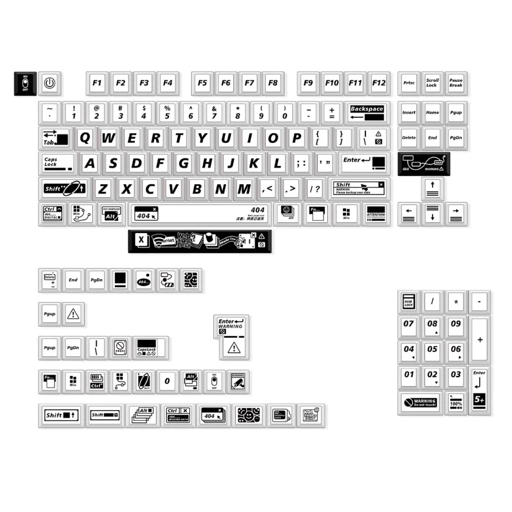 Danger 404 Theme Keycap Set PBT Cute Black and White Simple Keyboard Cap Cherry Profile Gaming KeyCap for Mechanical Keyboard