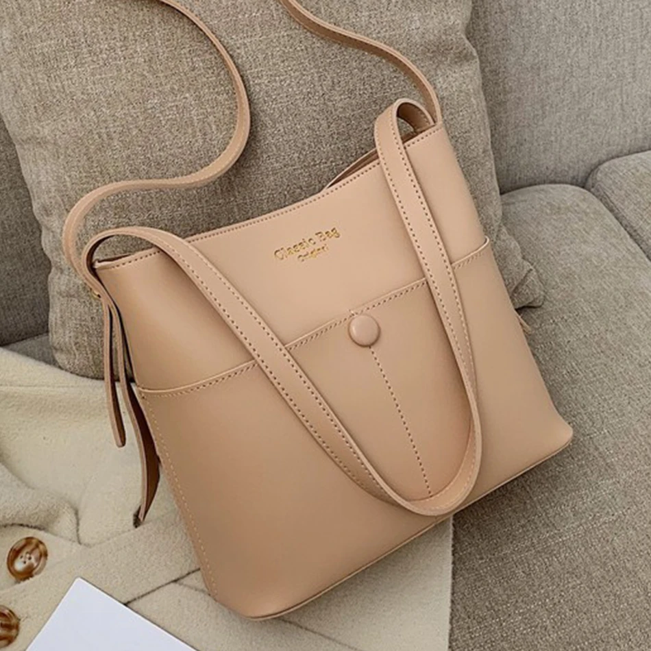 Solid Color Buckets Bag for Women Designer Shoulder Bags Luxury Soft Leather Crossbody Bag Large Capacity Tote Ladies Big Purses