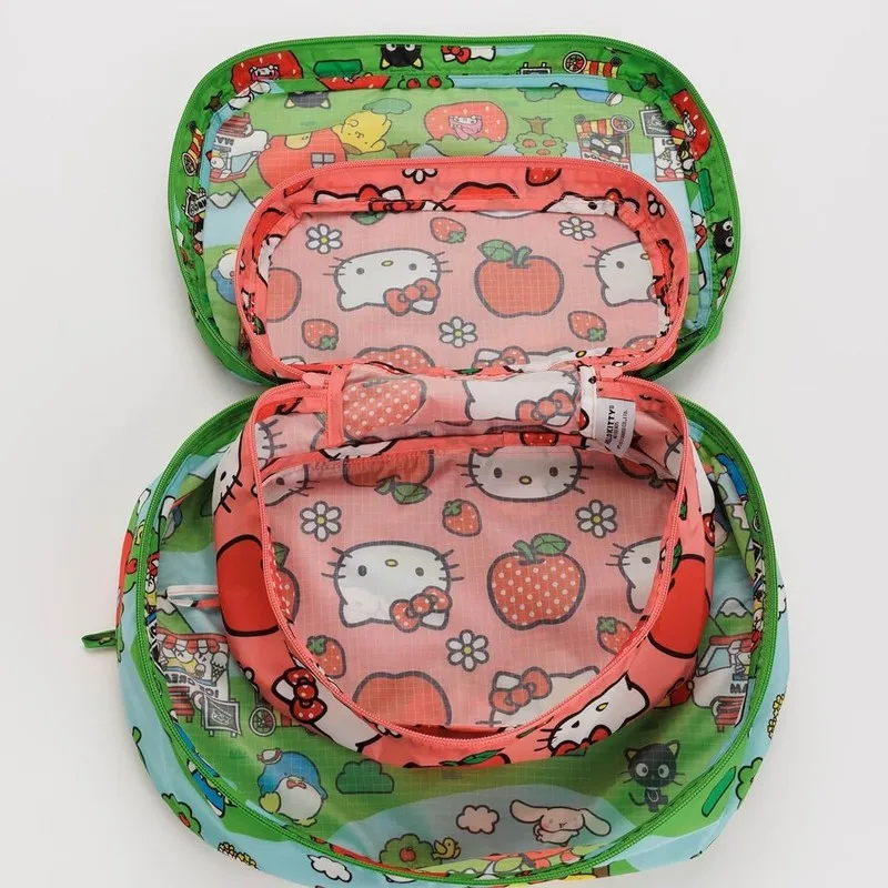 2 قطعة S&M اليابانية Kt القط الكرتون طباعة صفحة كاملة ، حقيبة سفر خفيفة الوزن ، حقيبة تخزين ملابس السفر في الهواء الطلق ، مجموعة من قطعتين