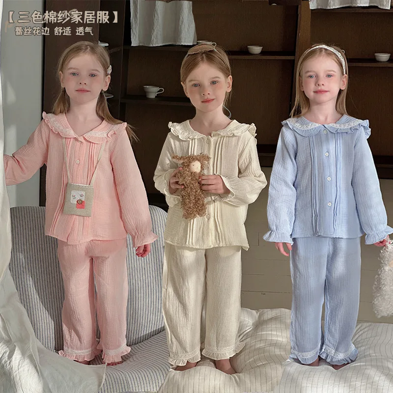 

Spring Summer Lace Kids Girl Sleeping Wear Cute Fashion Ruffle Pajama Sets Baby Soft Cotton Long Sleeved Pants Housewear Clothes