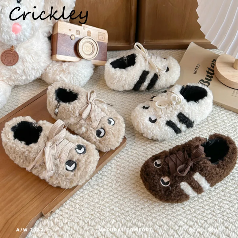 Cute Eyes Children Sneakers Winter Fluffy Striped Warm Boys Girls Casual Shoes Short Plush Zip Anti Slip Kids Flats Shoes