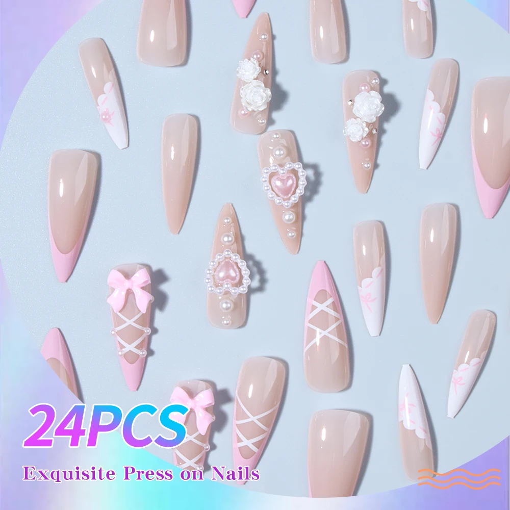 24 قطعة من زهرة اللوز على شكل قلب لؤلؤي اضغط على الأظافر، مجموعة أظافر صناعية من الأكريليك مناسبة تمامًا، تحتوي على قطعة واحدة من غراء الجيلي و1 قطعة Na