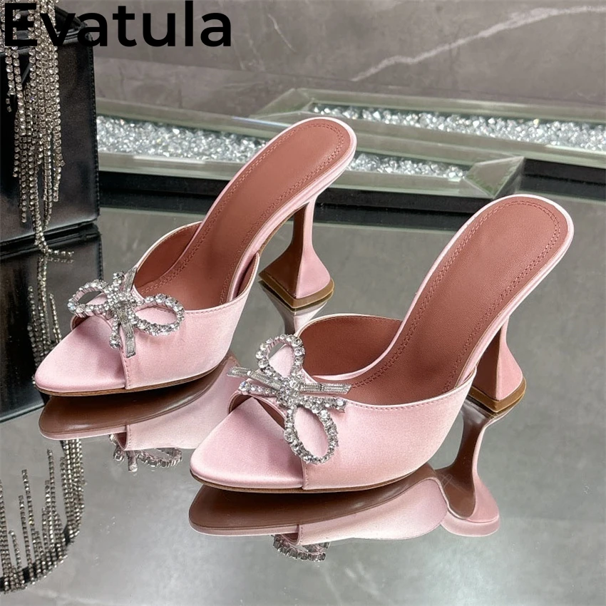 2025 verano Multicolor satén copa zapatillas de tacón alto mujeres Peep Toe Bowknot cristal mulas Sexy pasarela fiesta novias zapatos Mujer