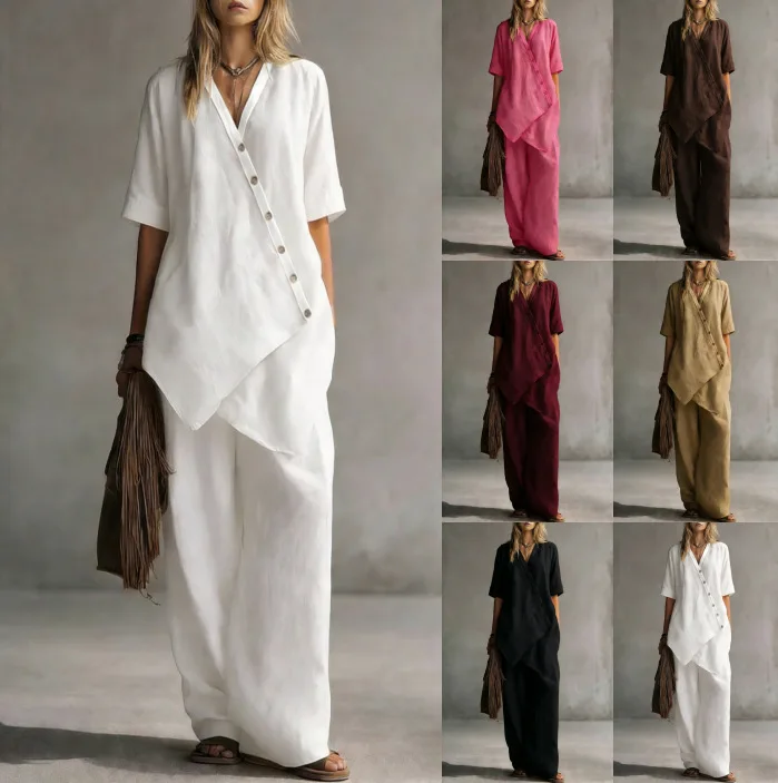 Casual V-neck Short-sleeved Loose Pure Color Sweater Cardigan Long Pants Two-piece Set Comfortable Breathable Cotton Linen Blend view 6