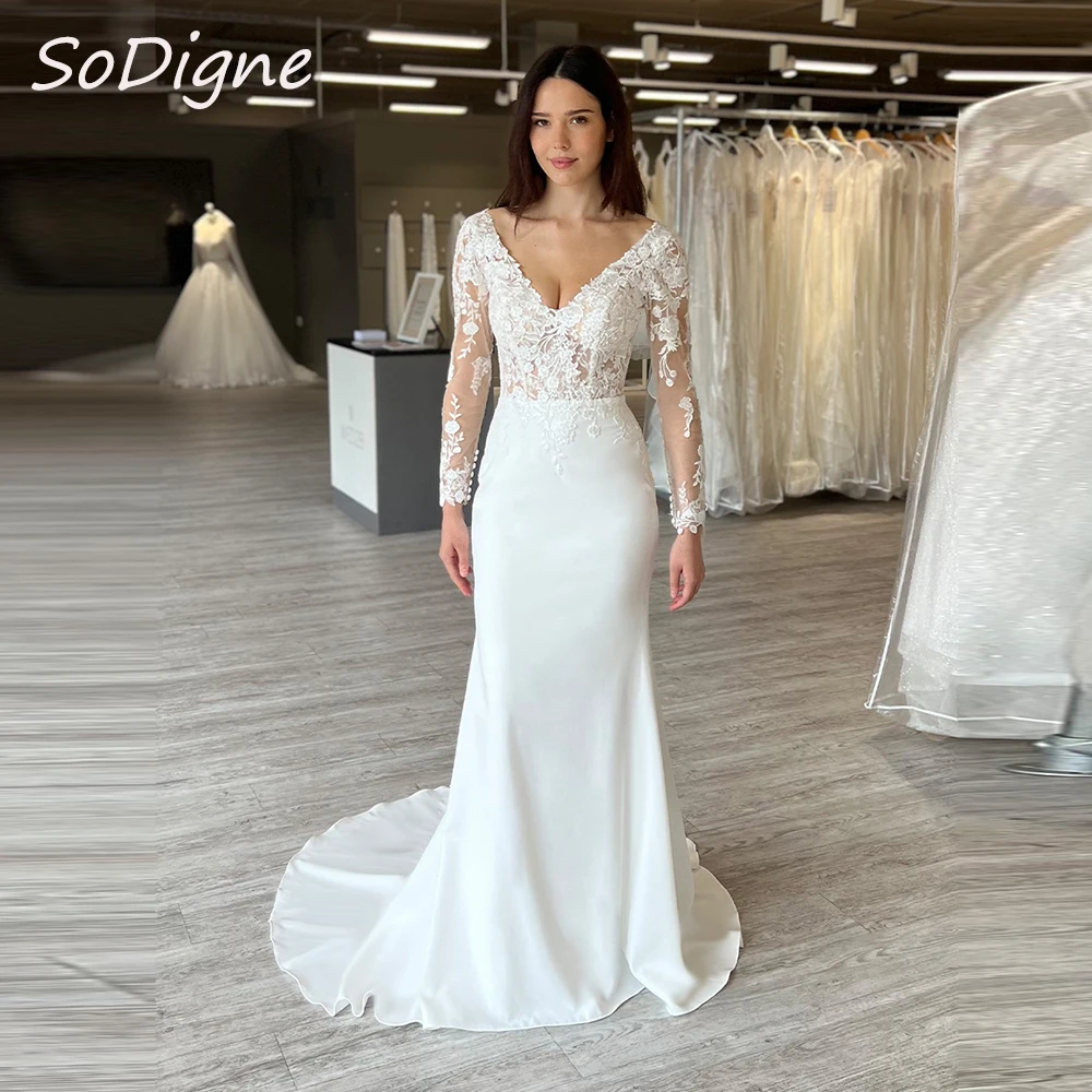 

SoDigne Mermaid Boho Wedding Dresses V-neck Lace Appliques Full Sleeves Bridal Dress Long Satin Bride Gown vestidos de novia