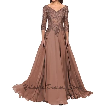 ชุดเดรสเจ้าสาวคอวีทันสมัยแขน3/4ชุดเดรสทางการผ้าชีฟองติดเสื้อยาวถึงพื้นมีซิปด้านหลังชุดออกงานกลางคืนลูกไม้