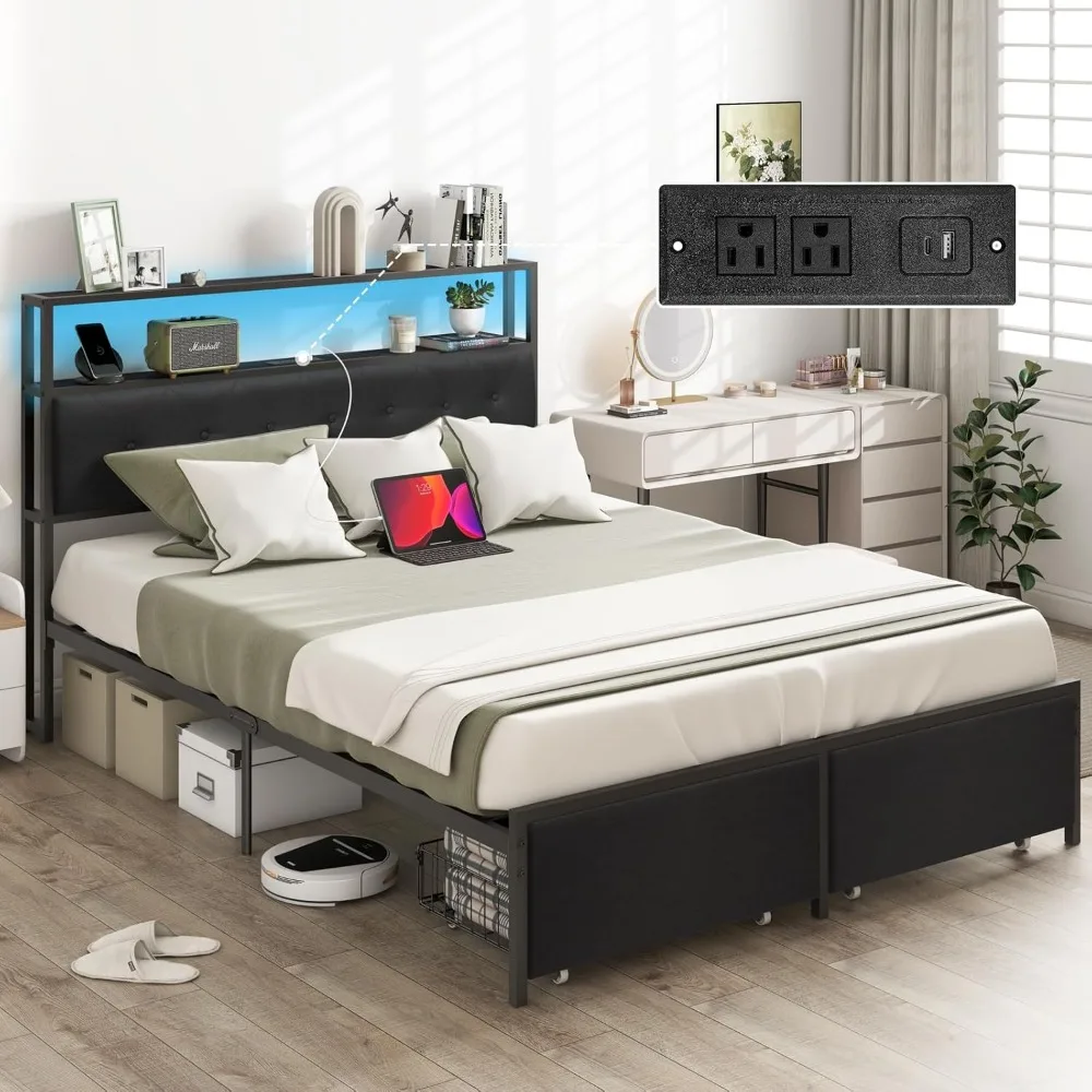 

Queen Bed Frame with Headboard, Black Platform Bed Frame Queen Size with Storage Shelf & Drawers, Bed Frames, Bedframe with Cha