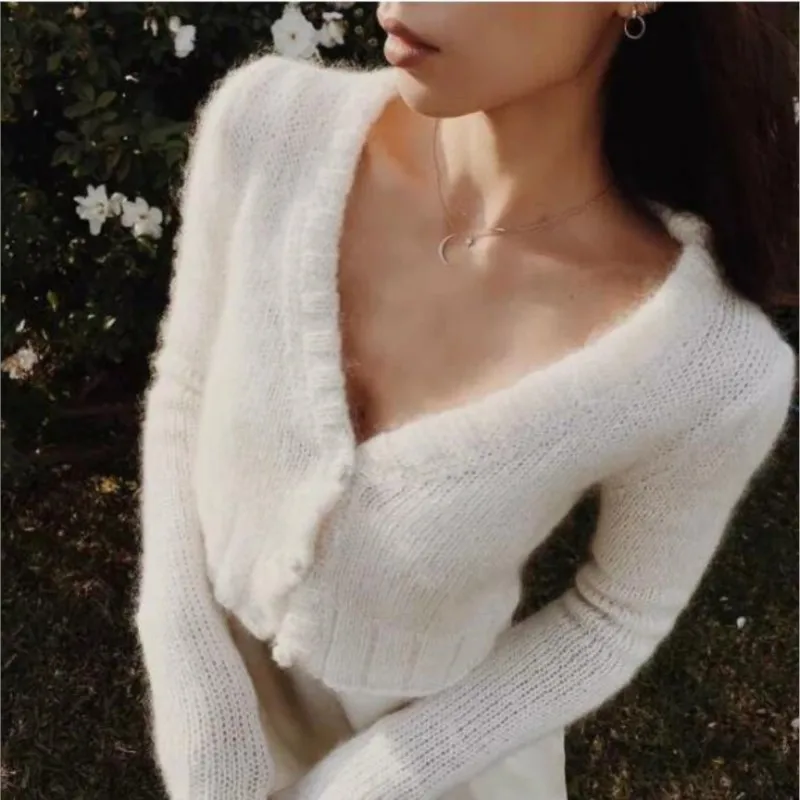 Women V neck Solid color White Shaggy Cardigan Sweater Long sleeve Knitwear Retro Knitted Exposed navel Jumper kleding