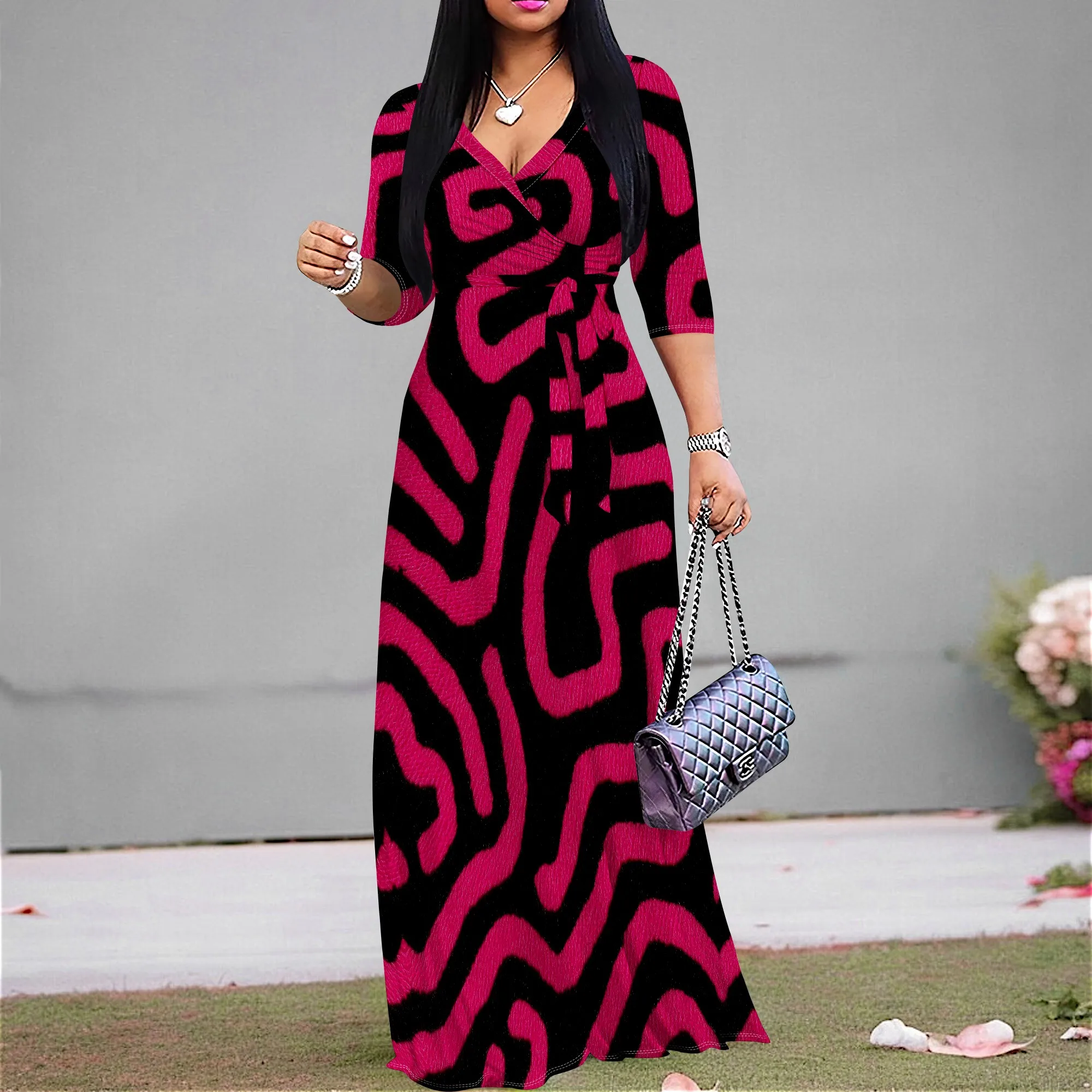 

Graffiti Print Wrap Maxi Dress S-3XL – V Neck Long Sleeve Belted Gown for Art Festival, Carnival, Black History Month