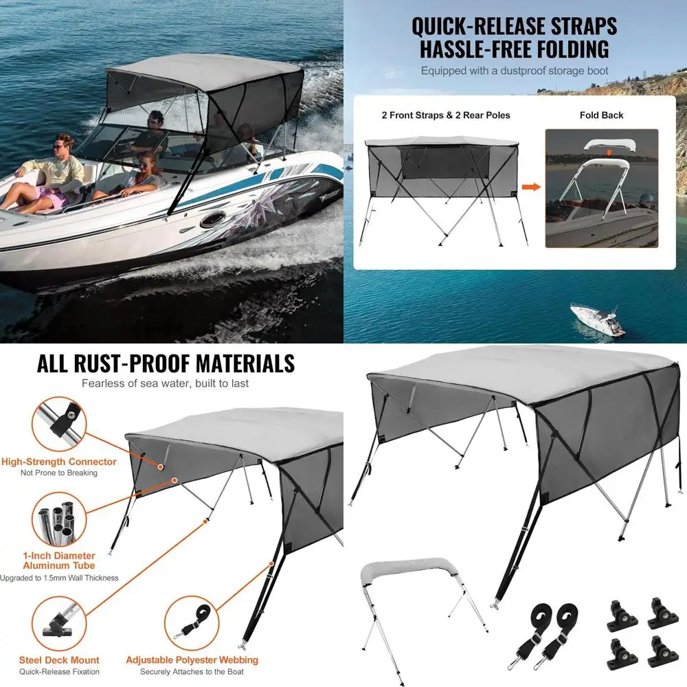 

Detachable Mesh Sidewall 4 Bow Bimini Boat Cover, 600D Polyester, 8' x 54 x 85-90, Light Grey