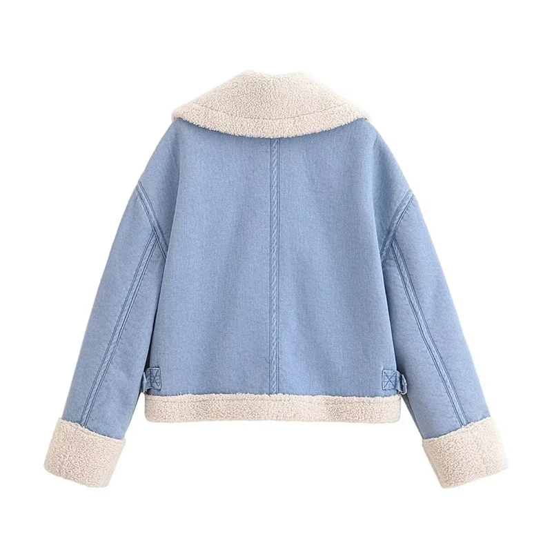 2025 Fashion High Quality Women Blue Denim Thick Lambswool Jacket Coat Casual Zipper Winter Warm Outerwear Tops Female