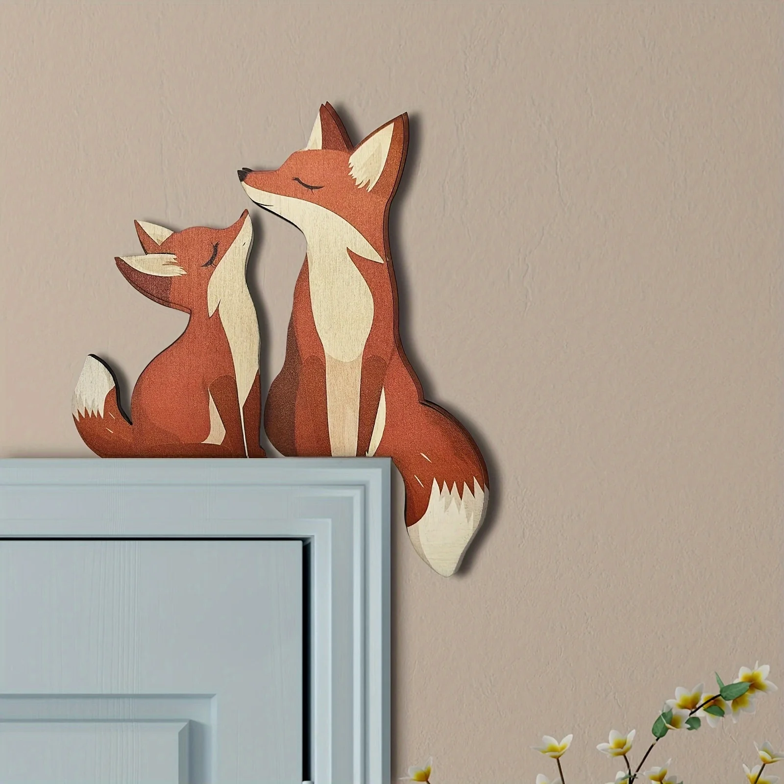 Figurine en bois de renard mère et enfant, décoration de porte, décoration d'angle, art en bois créatif, statue, ornement, décoration de cadre de porte, petit renard