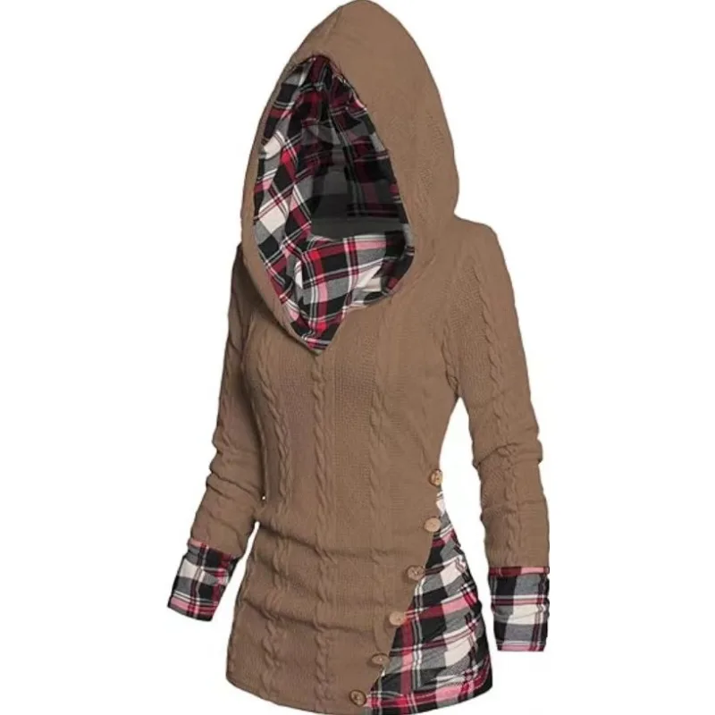 2024 Autumn Winter Chic Plaid Hooded Dress Women Knit Sweater Long Sleeve A Line Style With Trendy Splicing Perfect Casual Wear
