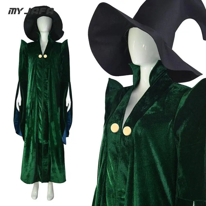 Minerva McGonagall Cosplay Costume Dark Green Trench Cloak + Dress + Hat