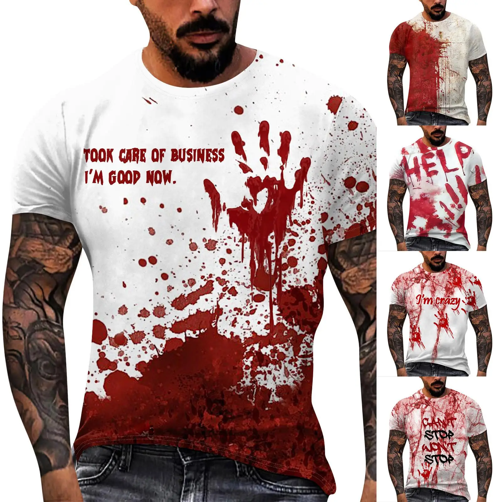 W Halloween Day Horror Hip Hop Blood 3d Hd Printed T-Shirt Street Fashion Creative Festive Atmosphere Loose Short Sleeve Outfit