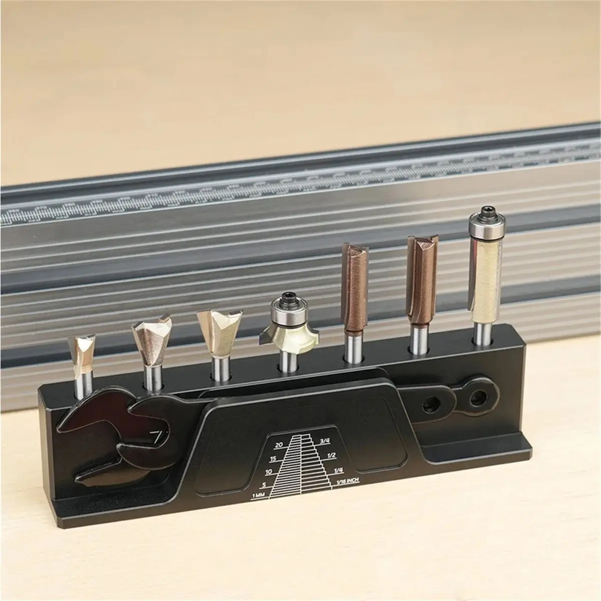 2026 New Woodworking Milling Cutter Holder Anodized 1/4 Inch Slots 7 Magnetic Suction Holes Tool Organizer Wrench Slot