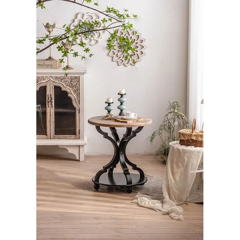 Antique Round Tea Table Modern Luxury Side Table Wooden Top Black Coffee Table