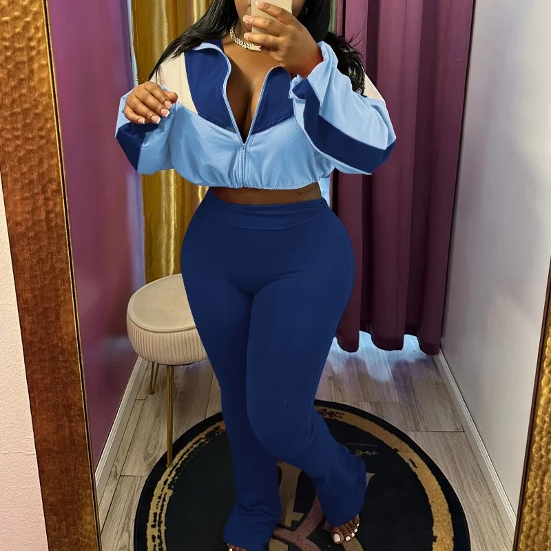 Women Color Patchwork Velvet Two 2 Piece Set Zip-up Long Sleeve Drawstring Jackets Top + Flare Pants Casual Sporty Suits