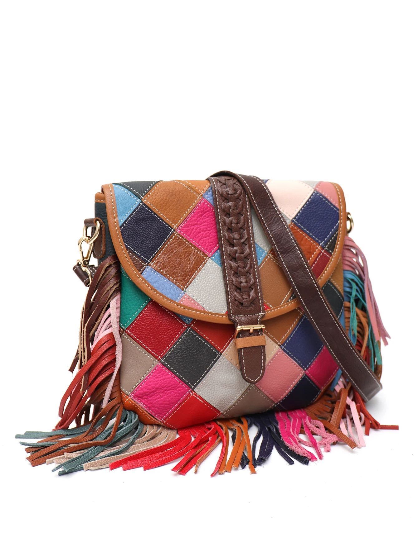 SC Vintage Casual Women Shoulder Handbags Multicolor Leather Patchwork Flap Saddle Bags Tassel Genuine Cow skin Crossbody Purses