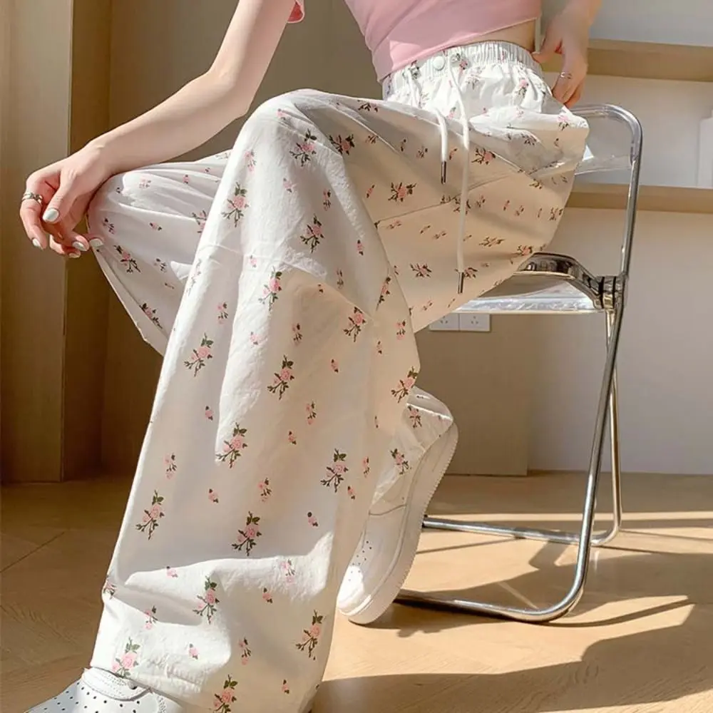 

Elastic Waist High Waist Floral Wide Leg Pants Oversized Sweet Style Straight Drawstring Sweatpants Y2K Cargo Pants