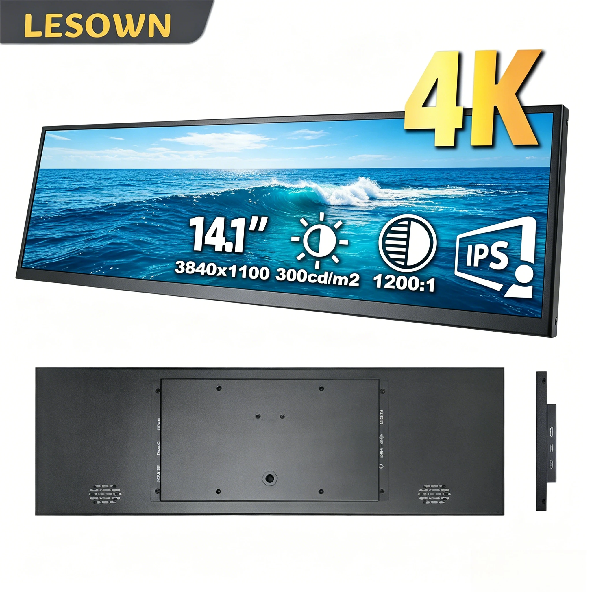 

LESOWN 4K 14" IPS UHD 3840x1100 Long Stretched Touch Screen Monitor for Music Media Timeline Editing PC Temperature Monitoring