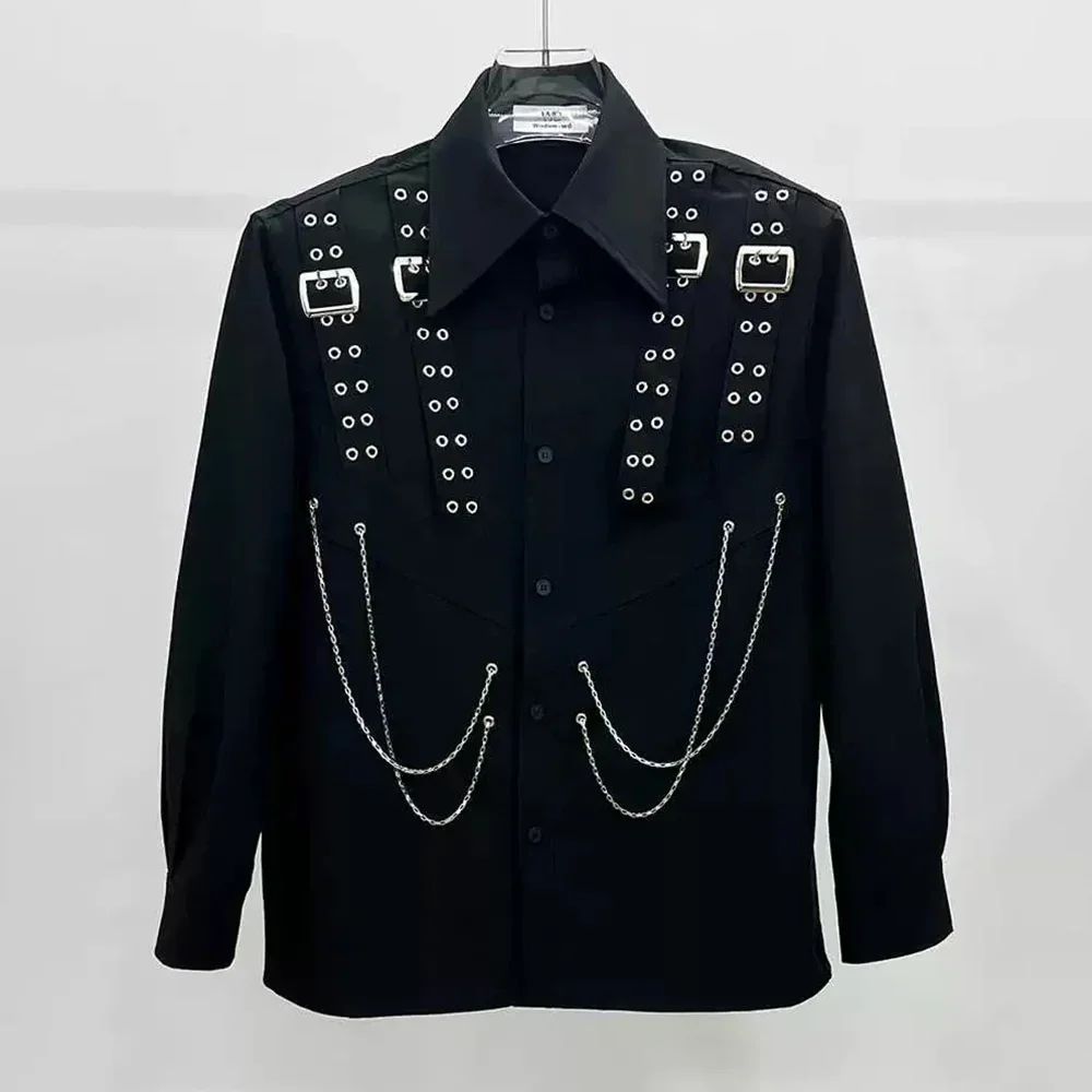 Mens Shirt Metal Chain Shirt Autumn Streetwear Trend Punk Performance Clothing Temperament Long-Sleeve Top Men'S Clothing