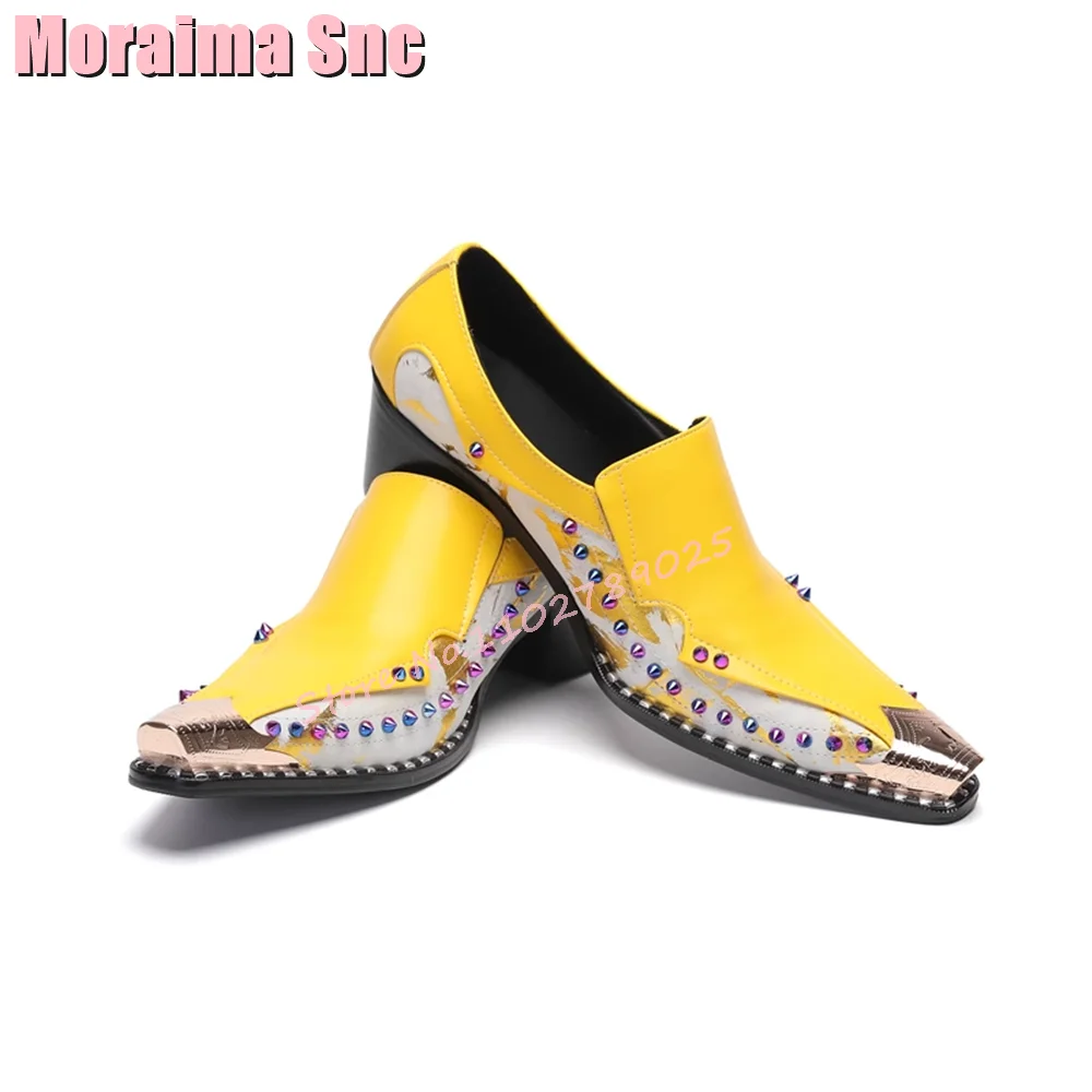 Fashion Rivet Metal Pointed Toe Casual Shoes Mixed Colors Block Mid Heeled Slip On Retro Stitching Men‘s Loafers 2024 Newest