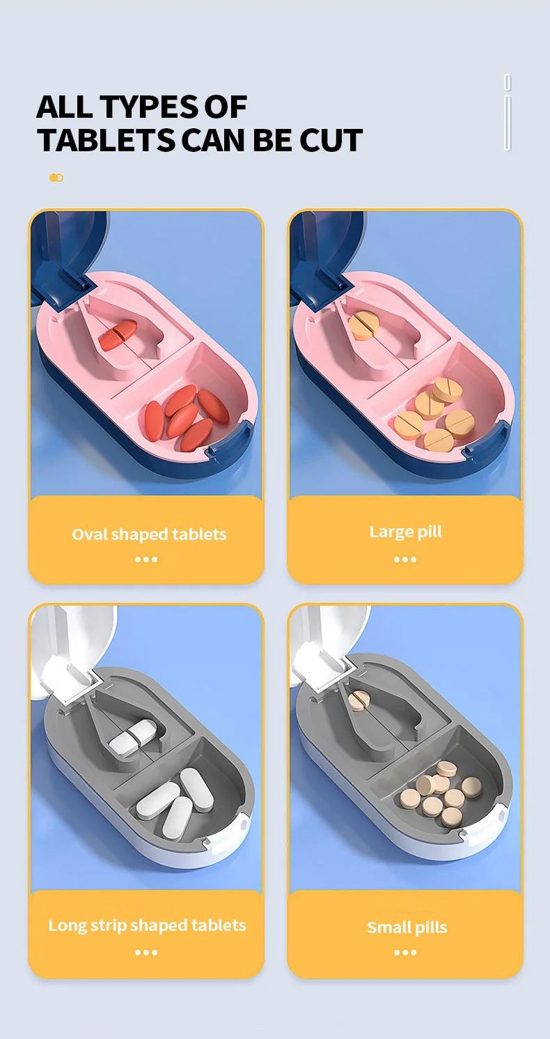 Tragbarer Pillenteiler 2-in-1 Pillendose mit Edelstahlklinge, geeignet zum Schneiden von Vitamin- und Tabletten in 1/2 und 1/4 Stück. – Detail 5