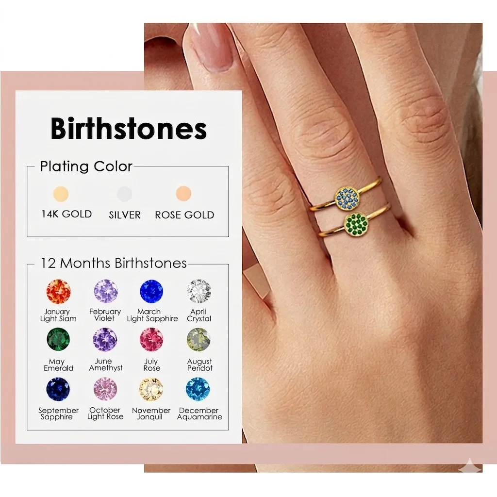 12 Color Stainless Steel Colorful Ring Zirconia Birthstone Full of Diamonds Ring Size 5 6 7 8 Suitable for Women's Gift