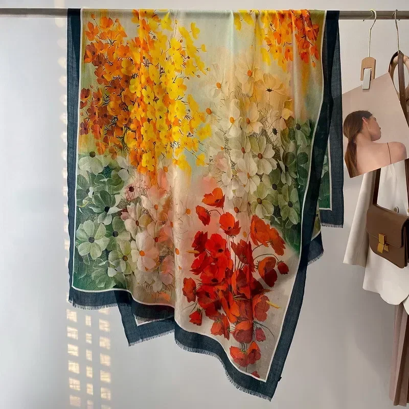 High-end Elegance Women Delicate Flower Blooming Print Quality Water Soluble Wool Handcrafted Fringe Soft Warm Long Scarf Shawl