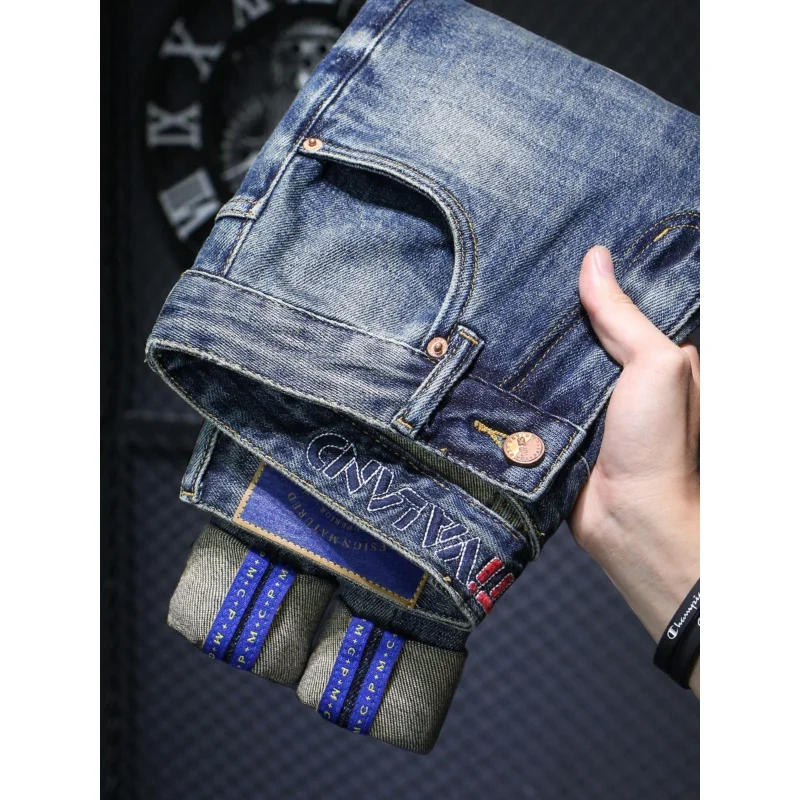 High-End All-Match Retro Washed Trendy Jeans Men's Stretch Slim-Fitting Small Straight Casual Street Handsome Trousers