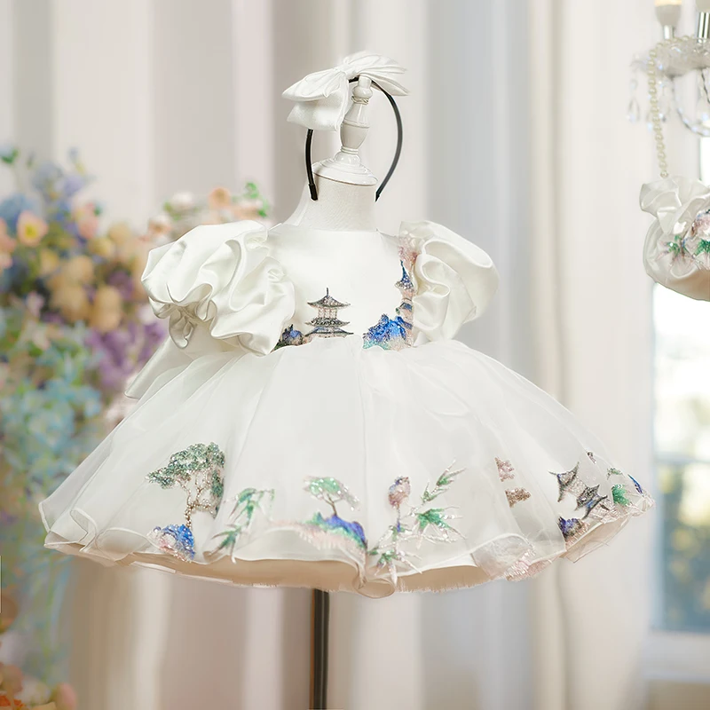 Fairy Sleeve Qiongting Baby Girl's Birthday Banquet Princess Dress Children's White Puff Sleeve Satin Puff Dress Chinese Style