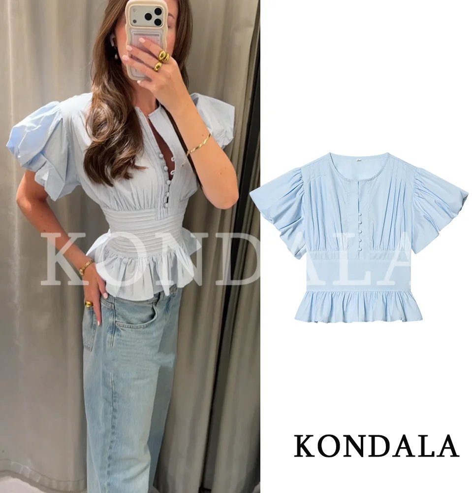 

KONDALA Women Cute Bubble Sleevee Slim-Waist Tops Spring Summer Trendy Casual Elegant Shirts 2026 Lady Vacation Chic Puff Shirts