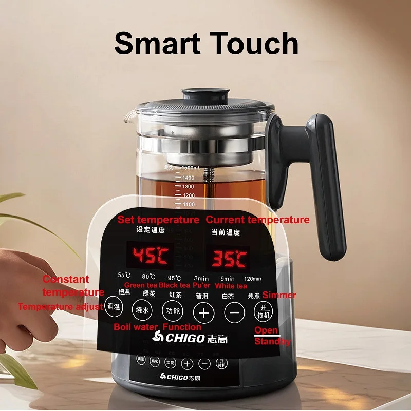 1.5L المنزل غلاية كهربائية الذكية الزجاج البخار إبريق الشاي التحكم في درجة الحرارة الصحة وعاء إبريق شاي بالأعشاب المزهرة متعددة الأغراض إبريق عميق 220 فولت