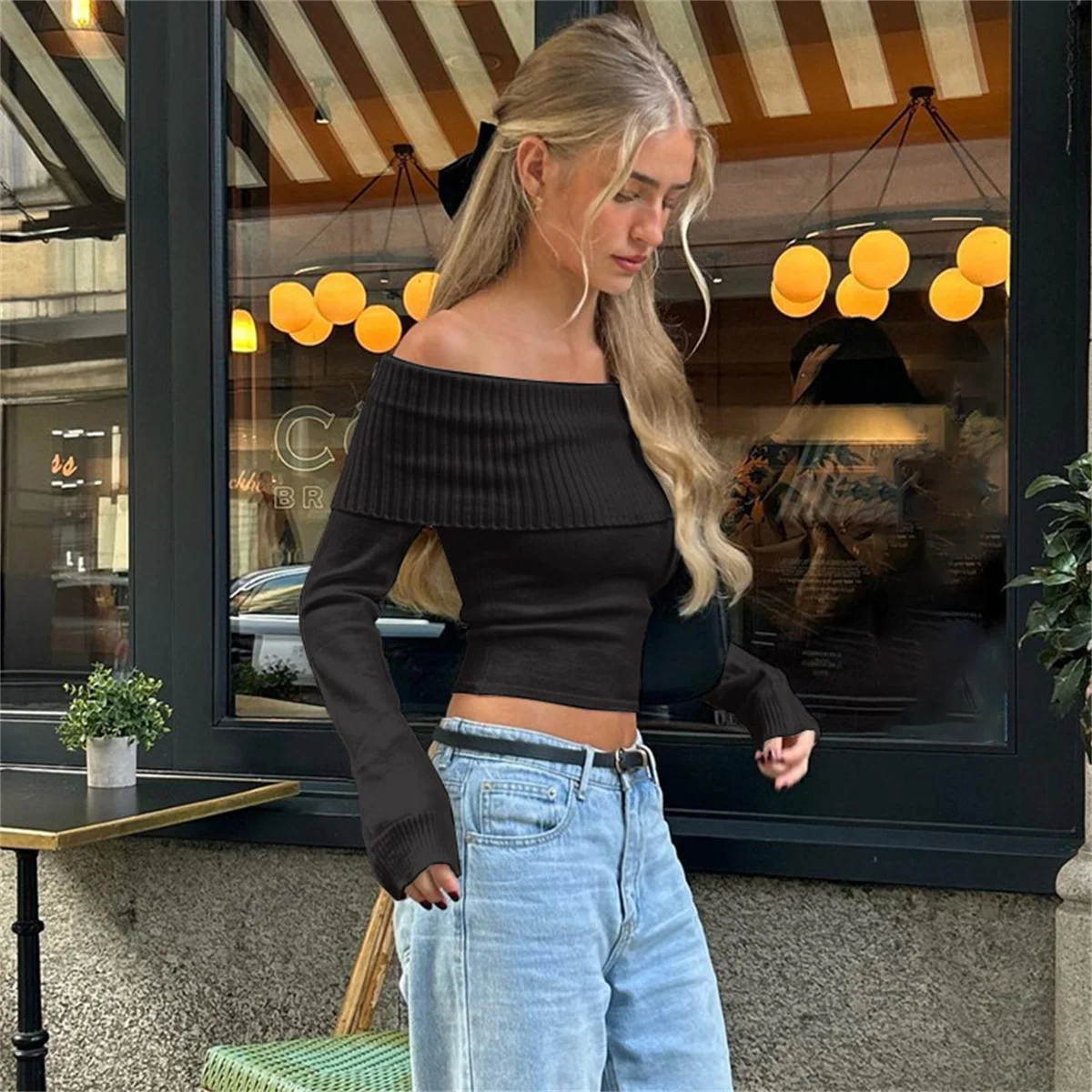 Women 2024 Fashion Slash Neck Strapless Off The Shoulder Sweater Female Casual Long Sleeves Knitted Slim Fitting Solid Pullover