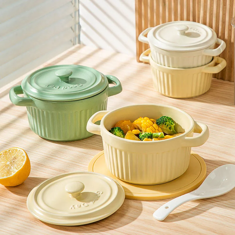 LingAo—Ins-style ceramic double-ear covered stew pot, steamed egg bowl, microwave oven bowl