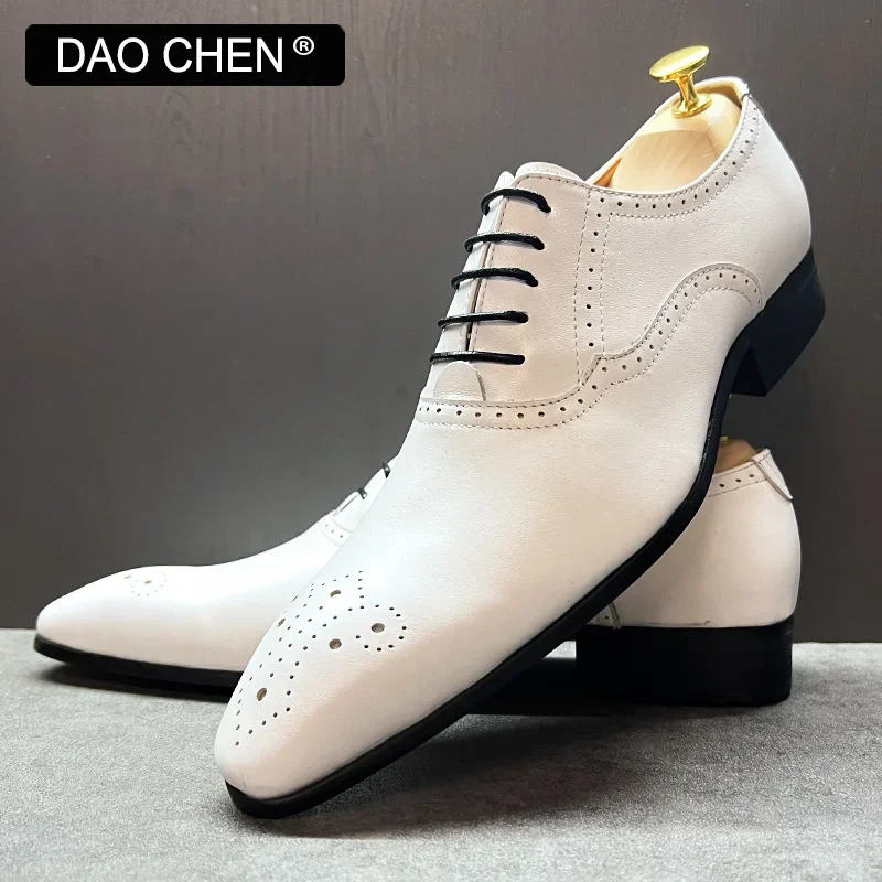 Zapatos de OXFORD italianos para hombre, vestido de lujo con cordones en BROGUE blanco y negro, zapatos de boda de negocios para oficina para