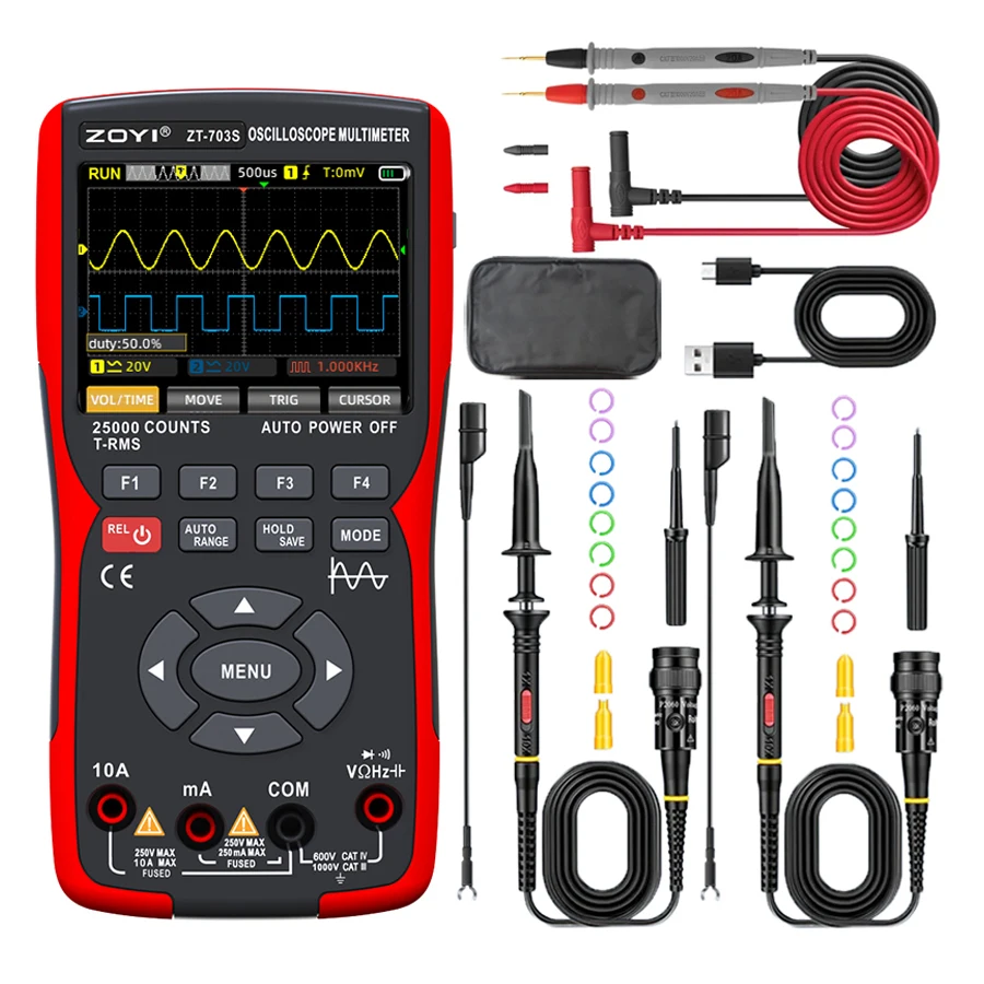 Professional ZOYI ZT703S Three-in-One Oscilloscope Multimeter Dual Channel 50MHz 280MS/S 25000 Counts Signal Generator