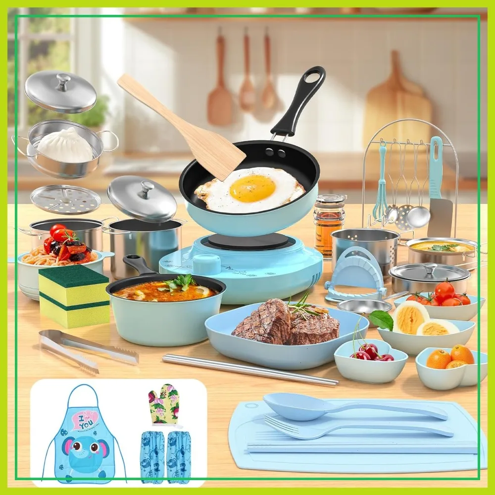 

Cooking Set for Kids Real Mini Tools, Stove Burner, Knife for Aged 8-12, Easy Beginners Food Making, Blue