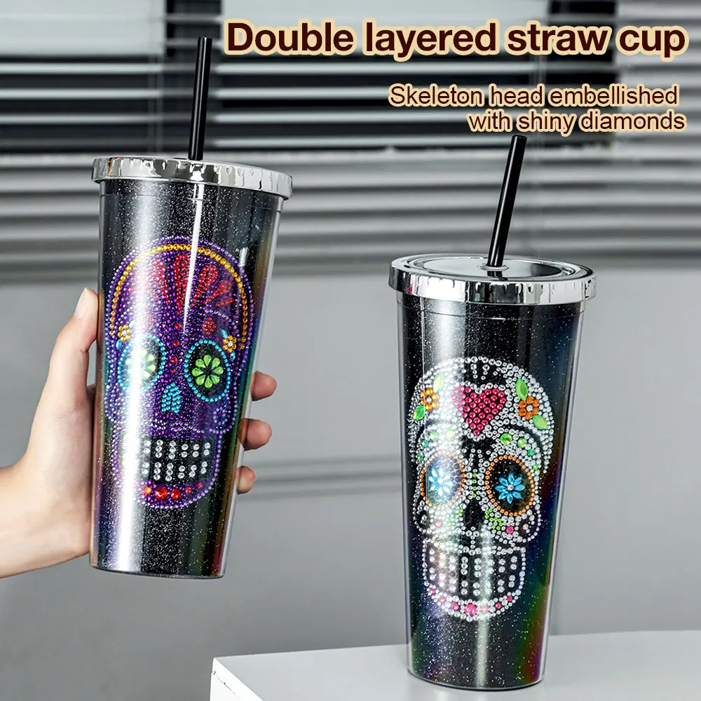 700ML Skull Water Bottle Double-layer Plastic Water Cup Diamond Skull Water Cup For Day of the Dead Portable Drinking Bottle