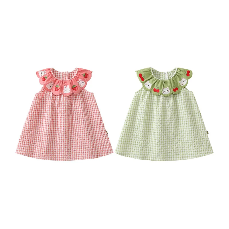 

MINISO Summer Baby Girls Sweet Plaid Princess Dress Sleeveless Ruffle Hem Kawaii Cotton Blend Casual Toddler Outfit 0-1 Years