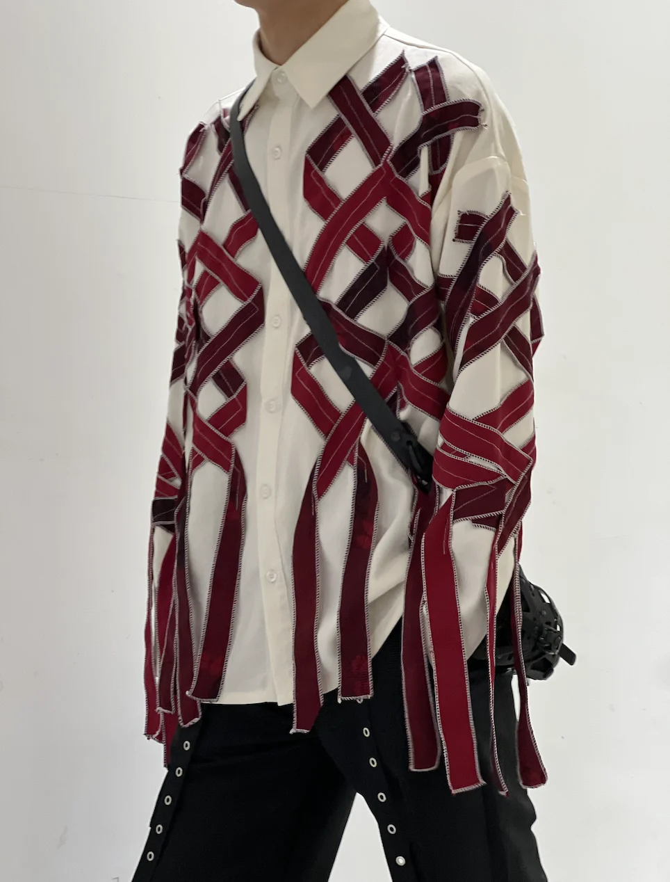 Red Twist  Retro Patchwork Fringe Shirt Loose Long Sleeve Unisex Autumn Winter New Style Japanese Style Loose Fit Shirt