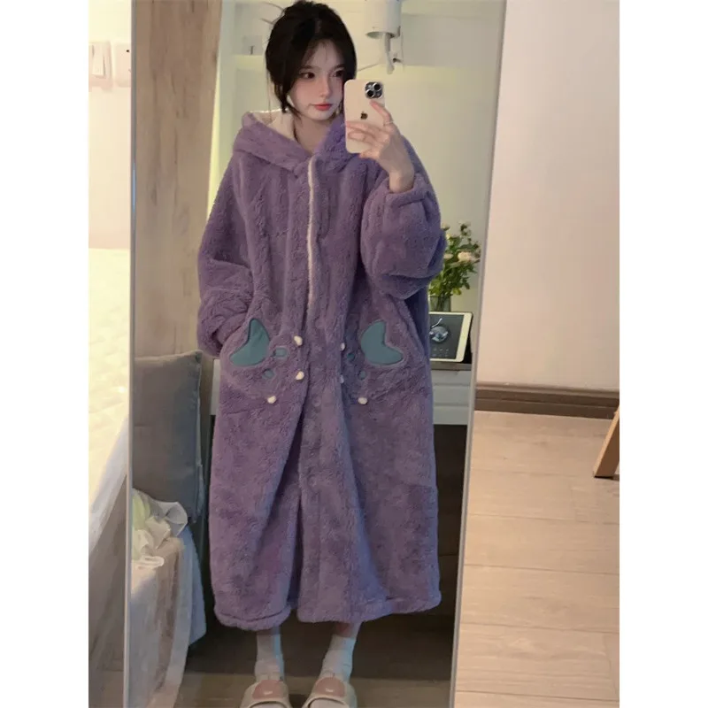 Cute Robe for Women Sleepwear Nightdress Winter Night Wears Warm Fleece Pajama One Piece Nightgown Hooded Long Sleeve Homewear image 2