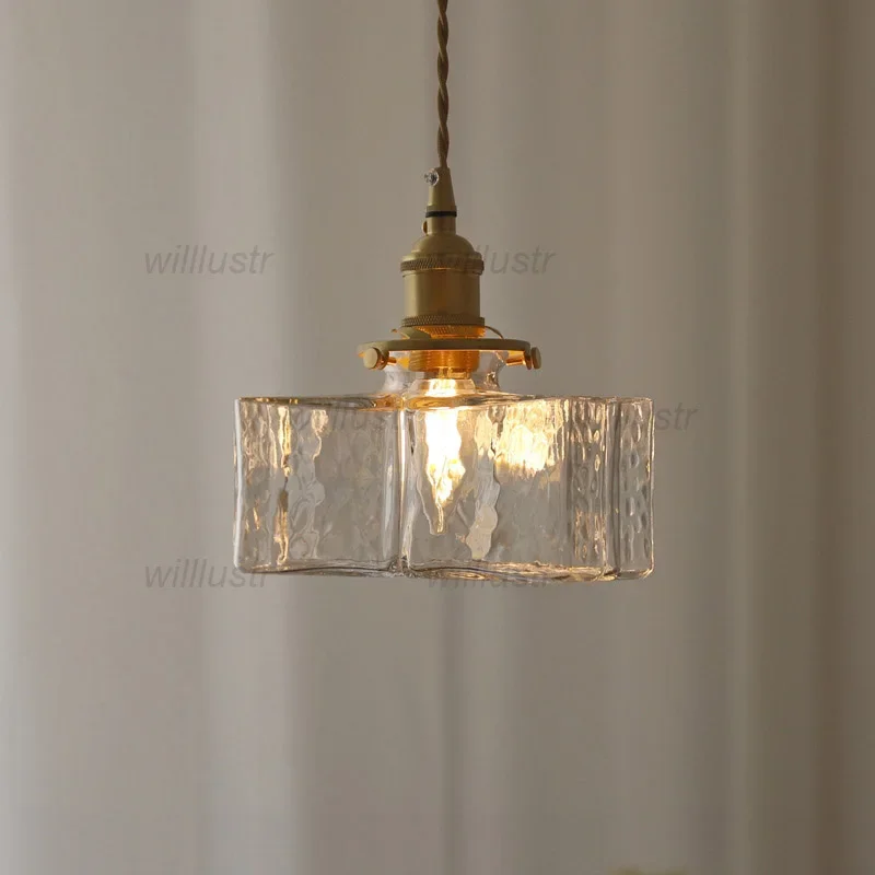 

Square Hammered Glass Pendant Lamp Retro Brass Head Suspension Light Hotel Cafe Homestay Bedside Bar Hanging Ceiling Chandelier