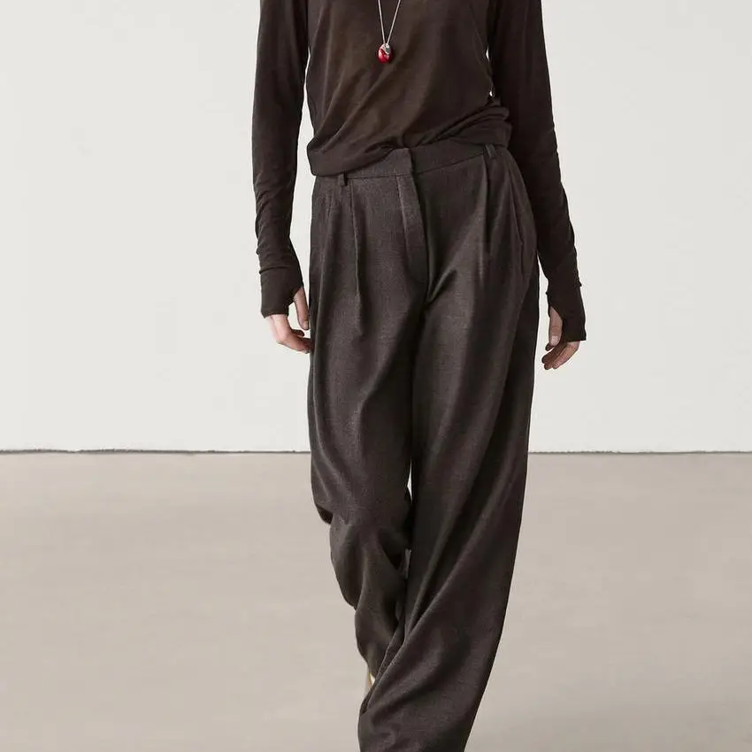 ربيع جديد وصول المرأة Ele Busin عادية Sle براون الفانيلا مطوي السراويل الطويلة ألياف البوليستر 00% بناطيل كاجوال #3