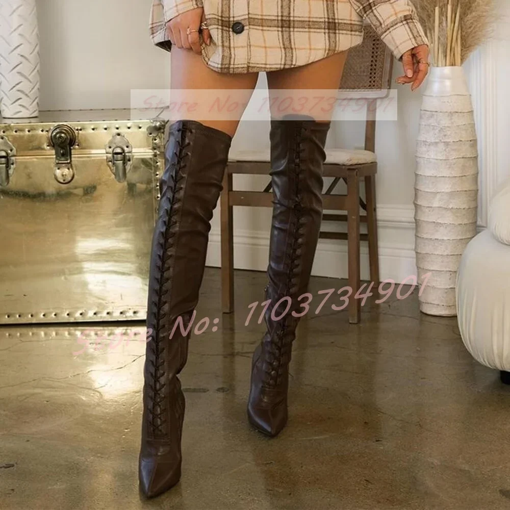 Brown Lace Up Pointy Toe Crotch Boots Ladies Trendy Slim Zipper Stiletto High Heels Boots Women Party Elegant Casual Retro Shoes
