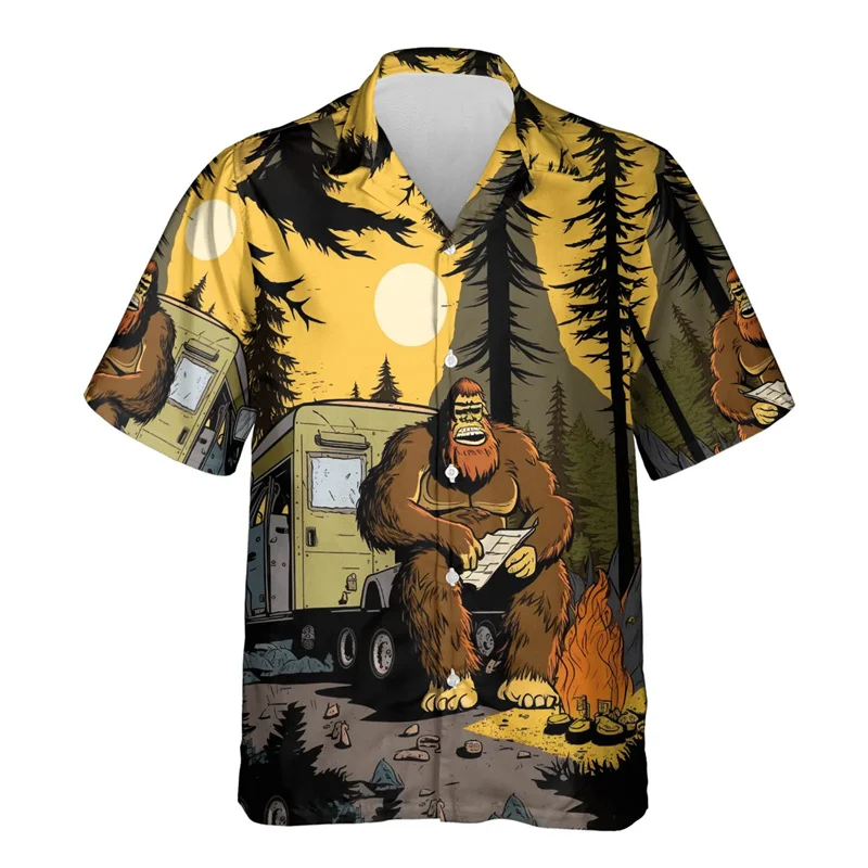 Funny Bigfoot Collection Graphic Beach Shirts For Men Casual Hawaiian Animal Short Sleeve Vacation Lapel Blouse Monkey Ape Tops